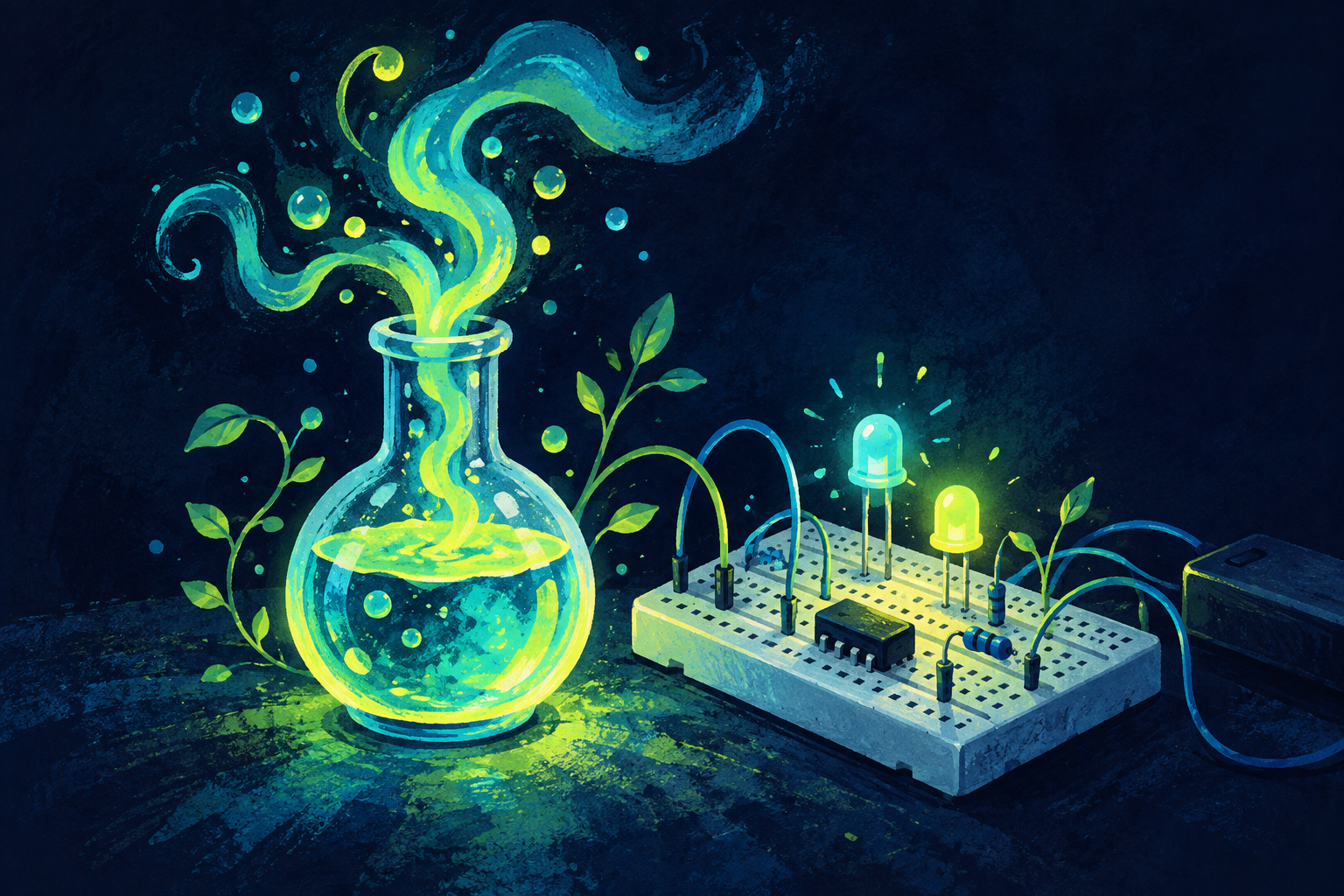 A glowing flask beside an electronics breadboard in a playful lab scene